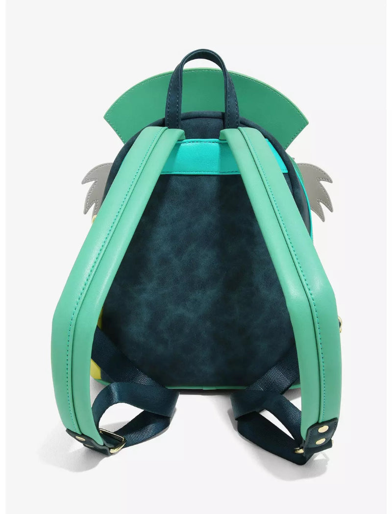 Green and black backpack with a parrot design on a white background