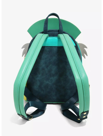 Green and black backpack with a parrot design on a white background