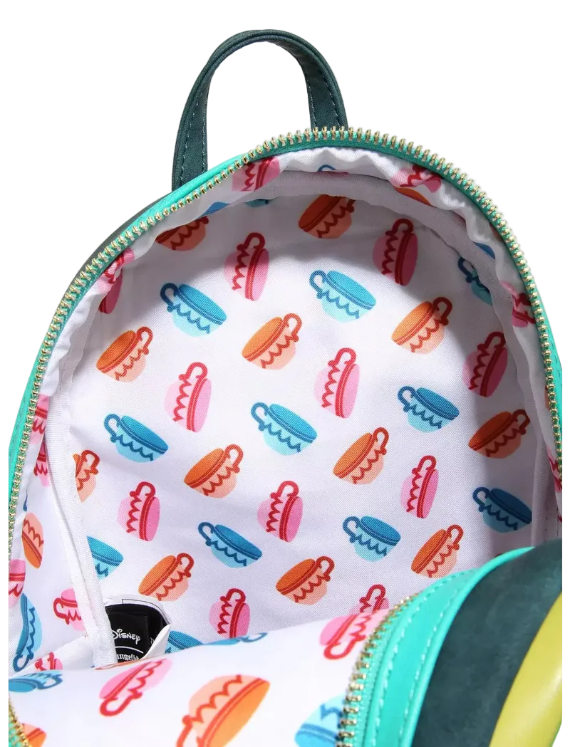 Backpack with colorful hot dog pattern on a white background