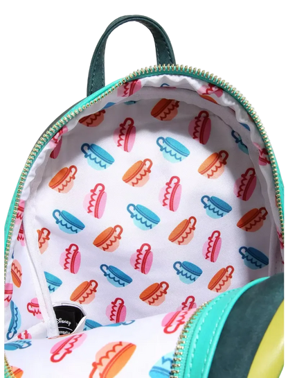Backpack with colorful hot dog pattern on a white background