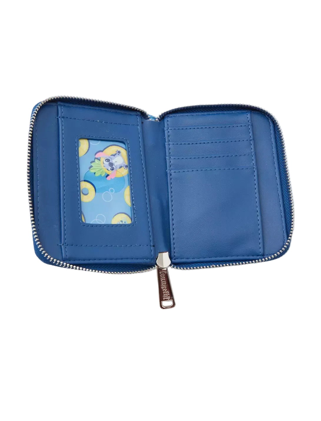 An open blue zip-around wallet with multiple card slots, a clear ID window, and a decorative cartoon print inside the ID slot, shown on a light gray background.