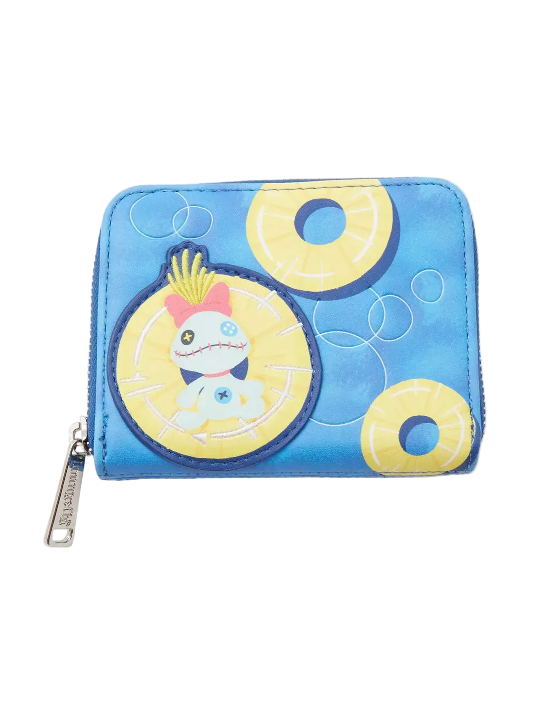 A blue zip-around wallet featuring a cartoon character in a yellow swim ring with yellow donut motifs on a light gray background.