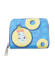 A blue zip-around wallet featuring a cartoon character in a yellow swim ring with yellow donut motifs on a light gray background.