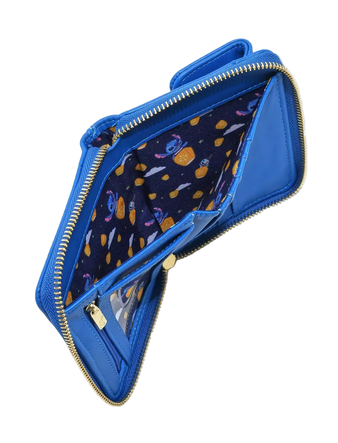 A blue zip-around wallet shown open to display its interior, featuring a dark navy patterned lining with cartoon characters and gold-tone zippers.