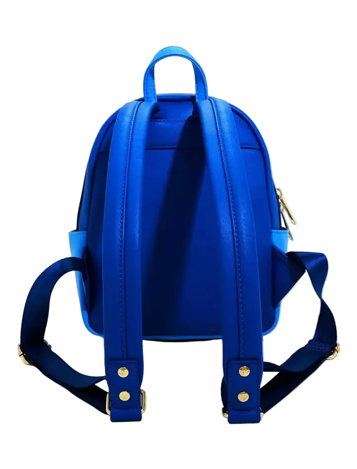 A bright blue backpack shown from the back, featuring dark blue shoulder straps with gold-tone rivets and a gold zipper pull, set against a plain white background.