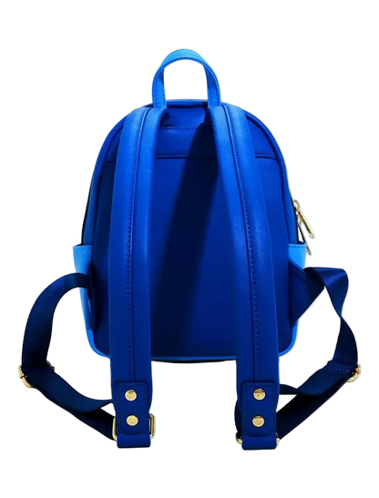A bright blue backpack shown from the back, featuring dark blue shoulder straps with gold-tone rivets and a gold zipper pull, set against a plain white background.