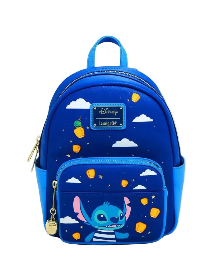 A blue Disney Loungefly backpack featuring Stitch on the front pocket, decorated with yellow lanterns, white clouds, and stars on a light gray background.