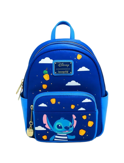 A blue Disney Loungefly backpack featuring Stitch on the front pocket, decorated with yellow lanterns, white clouds, and stars on a light gray background.