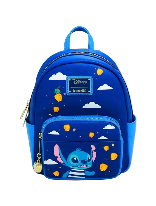 A blue Disney Loungefly backpack featuring Stitch on the front pocket, decorated with yellow lanterns, white clouds, and stars on a light gray background.