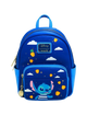 A blue Disney Loungefly backpack featuring Stitch on the front pocket, decorated with yellow lanterns, white clouds, and stars on a light gray background.