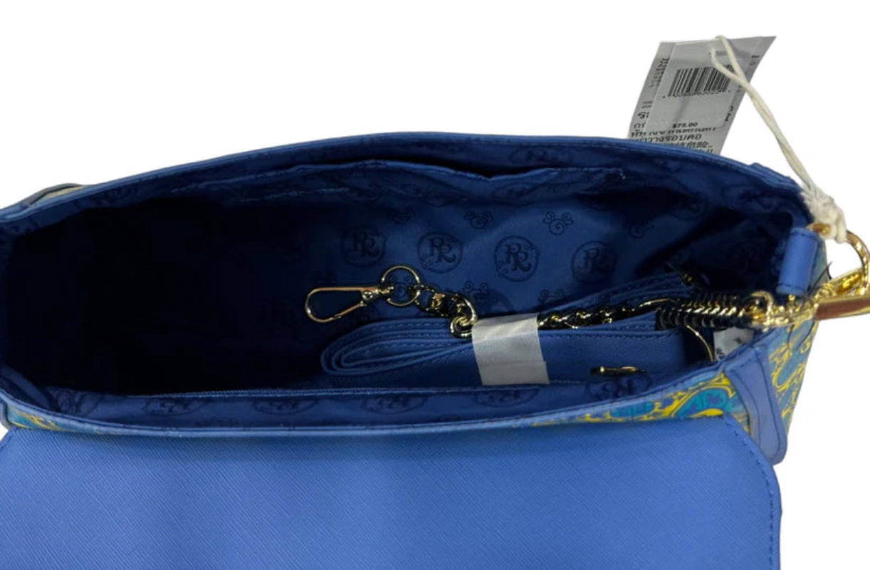 Blue handbag with gold accents and a visible brand tag on a white background