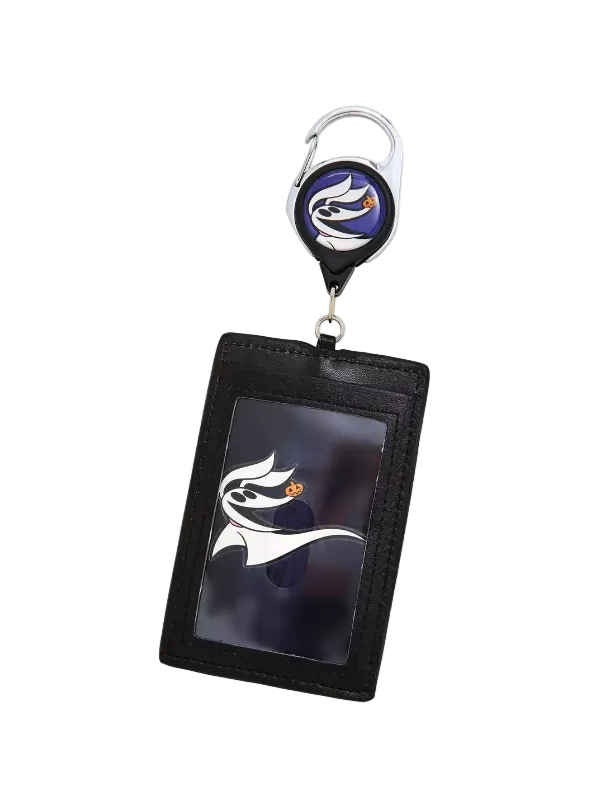 A black leather ID badge holder keychain featuring a retractable badge reel with a purple and white logo, and a clear ID window displaying a matching logo.