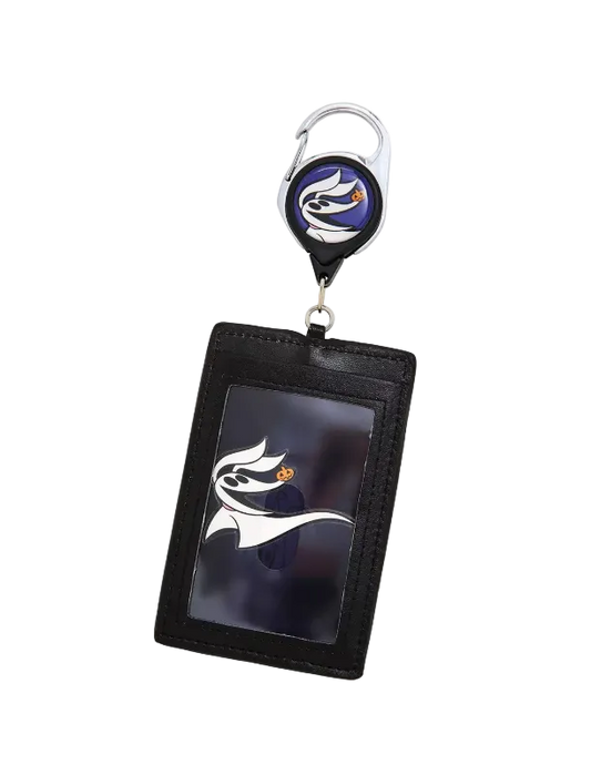 A black leather ID badge holder keychain featuring a retractable badge reel with a purple and white logo, and a clear ID window displaying a matching logo.