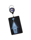 A black leather card holder keychain featuring a gothic church illustration with a skull in the window and the word 'ZERO' written on it. It has a silver metal key ring and a retractable badge reel with a blue, white, and black logo.