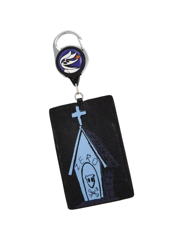 A black leather card holder keychain featuring a gothic church illustration with a skull in the window and the word 'ZERO' written on it. It has a silver metal key ring and a retractable badge reel with a blue, white, and black logo.