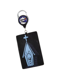 A black leather card holder keychain featuring a gothic church illustration with a skull in the window and the word 'ZERO' written on it. It has a silver metal key ring and a retractable badge reel with a blue, white, and black logo.