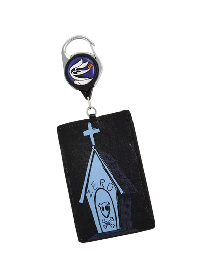 A black leather card holder keychain featuring a gothic church illustration with a skull in the window and the word 'ZERO' written on it. It has a silver metal key ring and a retractable badge reel with a blue, white, and black logo.