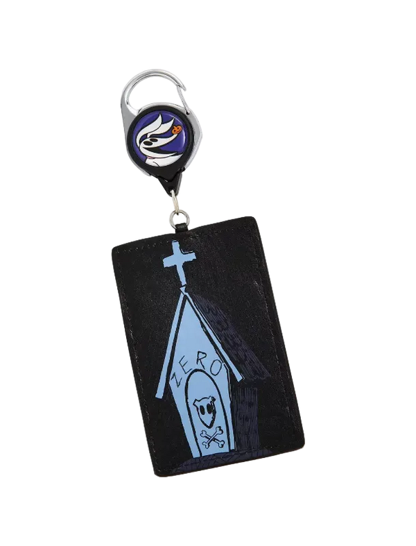 A black leather card holder keychain featuring a gothic church illustration with a skull in the window and the word 'ZERO' written on it. It has a silver metal key ring and a retractable badge reel with a blue, white, and black logo.