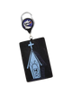 A black leather card holder keychain featuring a gothic church illustration with a skull in the window and the word 'ZERO' written on it. It has a silver metal key ring and a retractable badge reel with a blue, white, and black logo.