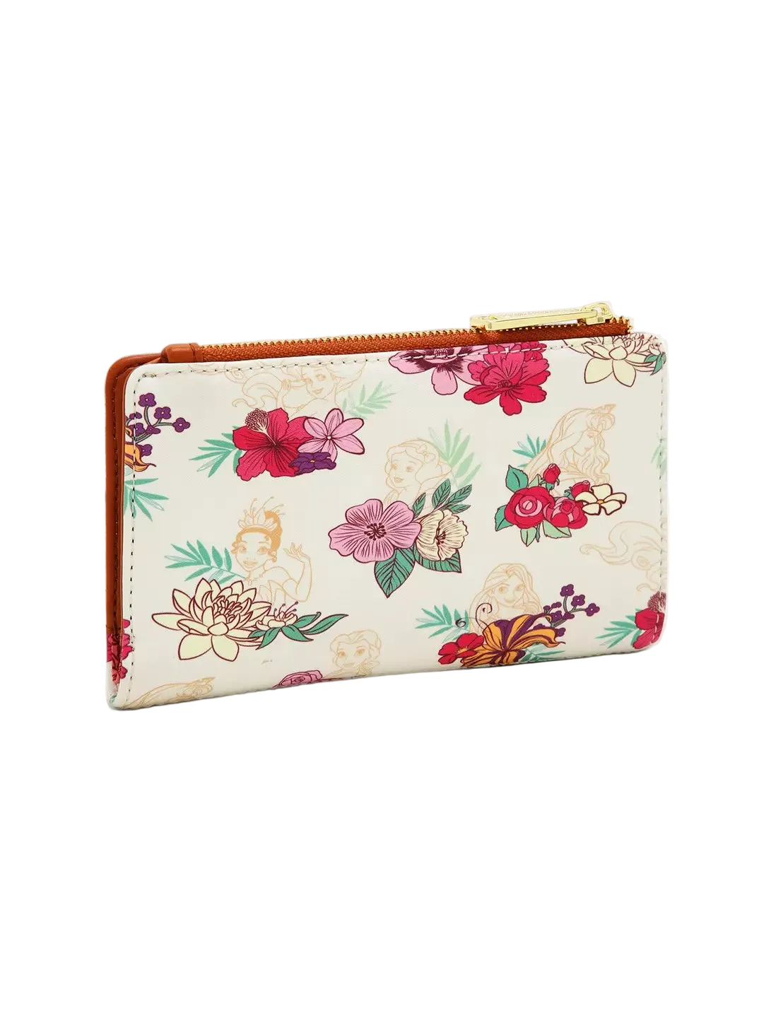 A small zip-around wallet with a cream background and a colorful floral print, featuring a brown leather trim and a gold-tone zipper pull, shown on a light gray background.
