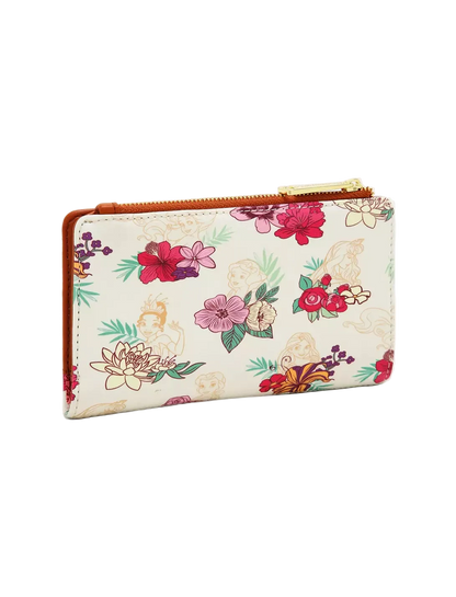 A small zip-around wallet with a cream background and a colorful floral print, featuring a brown leather trim and a gold-tone zipper pull, shown on a light gray background.
