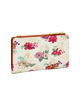 A small zip-around wallet with a cream background and a colorful floral print, featuring a brown leather trim and a gold-tone zipper pull, shown on a light gray background.