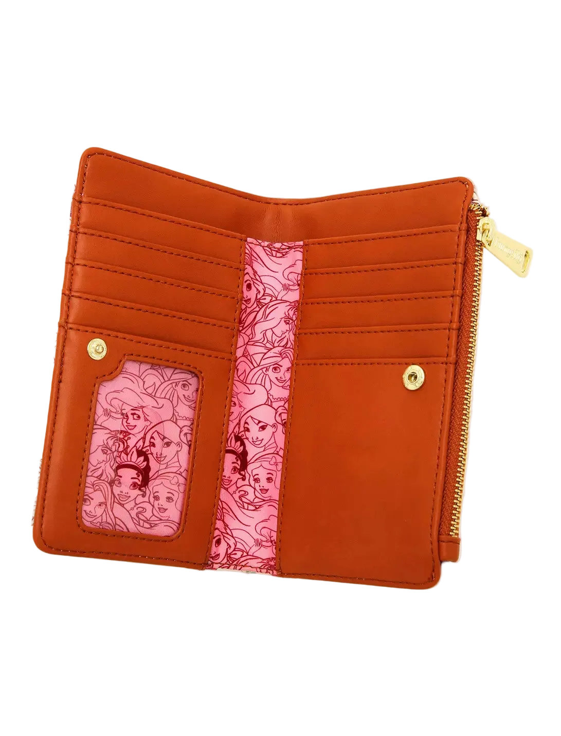 An open orange bifold wallet with gold-tone hardware, featuring a pink patterned center stripe and two pink patterned ID slots on the front, shown on a light gray background.