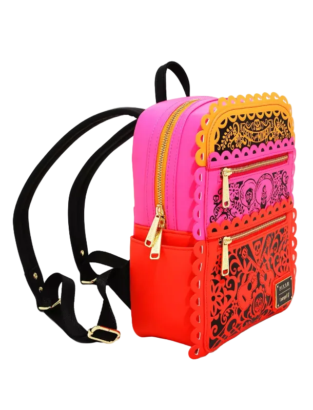 Backpack with pink and red design on a white background