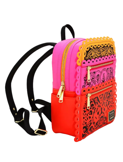 Backpack with pink and red design on a white background