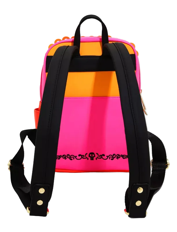 Colorful striped backpack with black straps on a white background