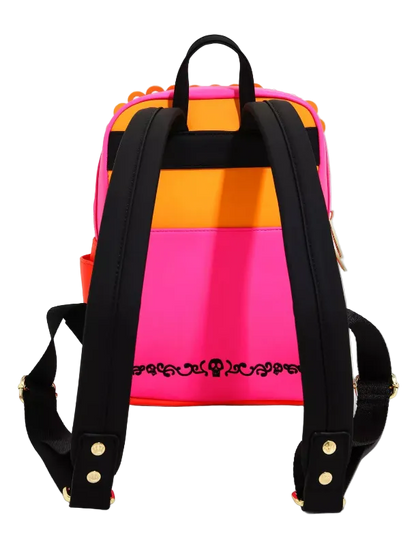 Colorful striped backpack with black straps on a white background