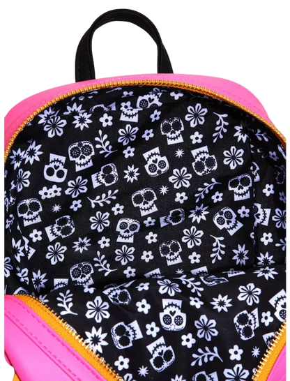 Backpack with black skull and floral pattern on a pink border