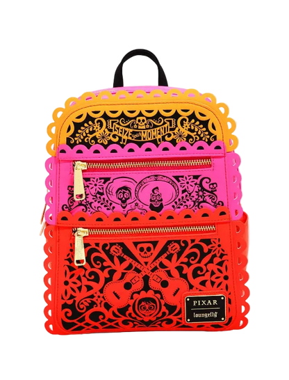 Backpack with colorful cut-out designs on a white background