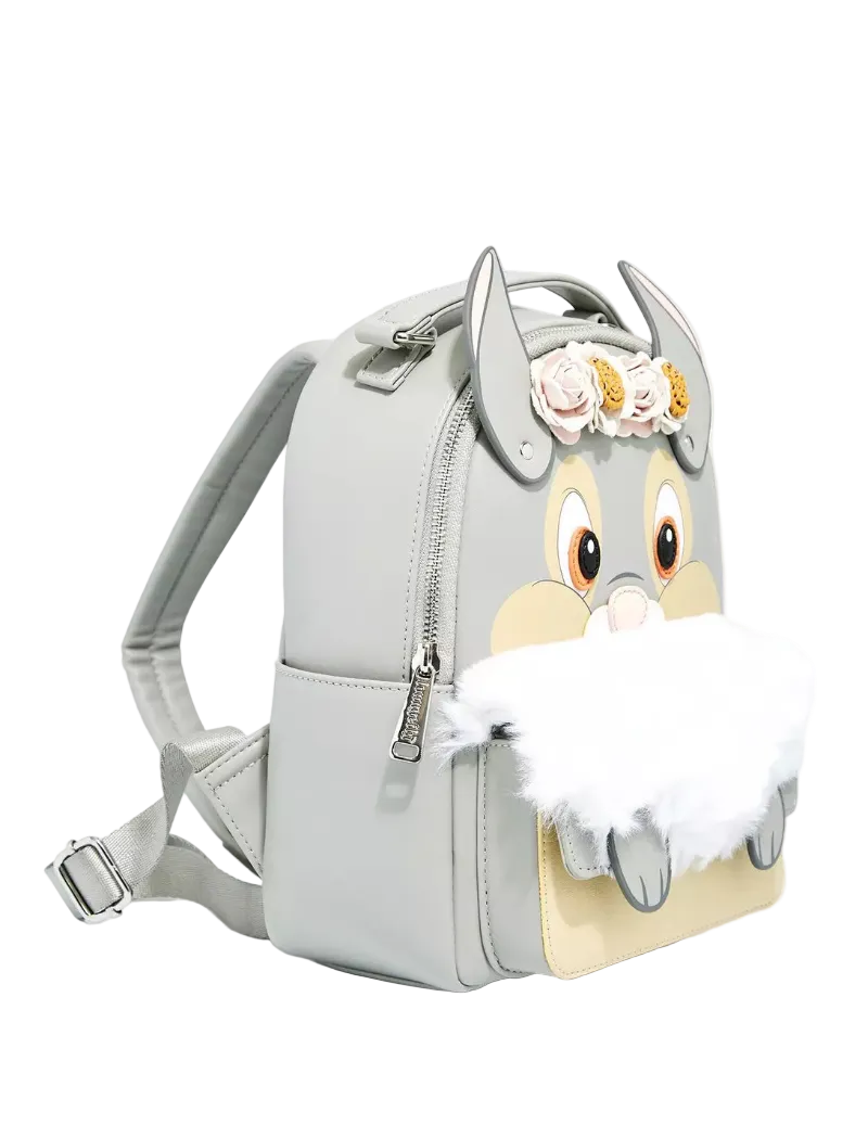 A light gray faux-leather backpack featuring a cartoon rabbit face design on the front, with a fluffy white faux-fur detail, gray ears, and a small floral crown on top.