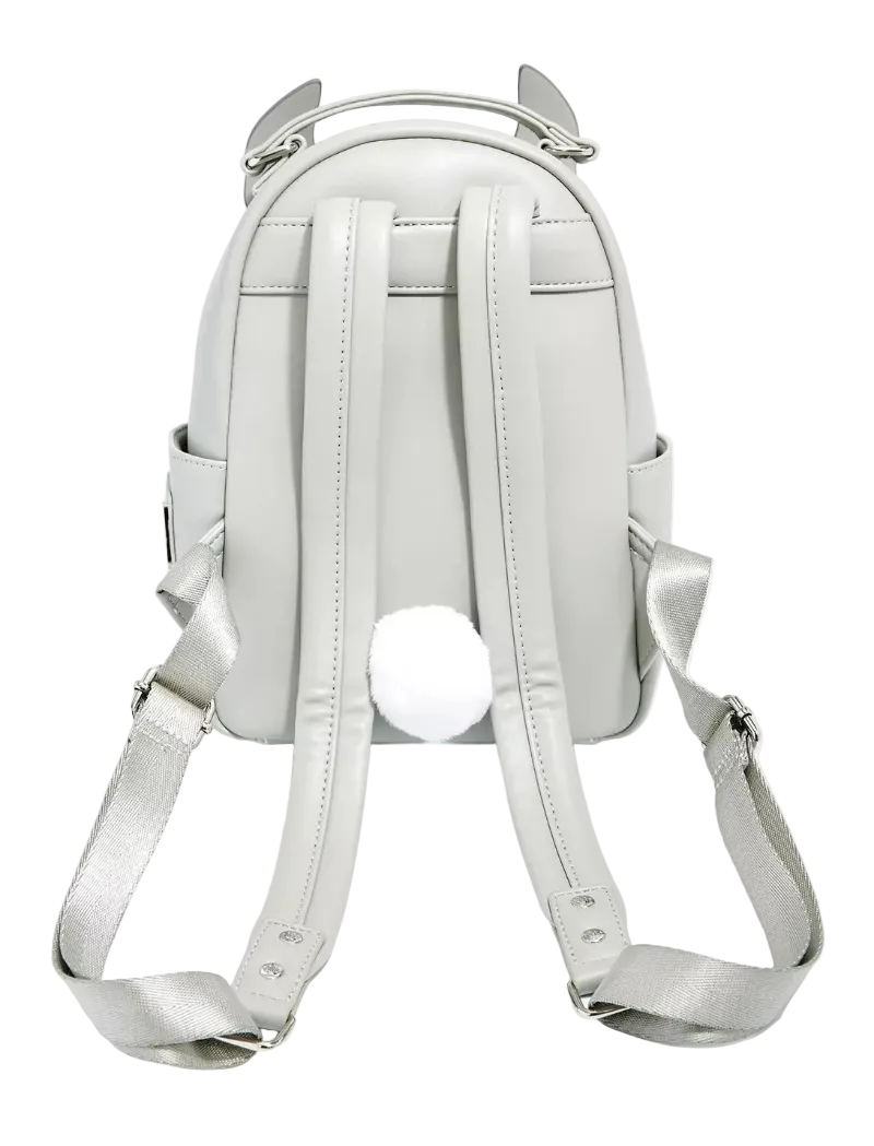 A light silver-gray faux leather backpack with cat ears on top and a white pom-pom ball attached to the back, shown from the rear view against a plain white background.