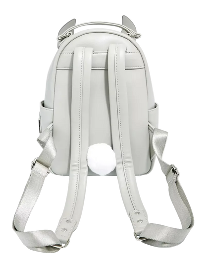 A light silver-gray faux leather backpack with cat ears on top and a white pom-pom ball attached to the back, shown from the rear view against a plain white background.