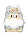 A light gray faux-leather backpack designed like a cartoon animal face with large eyes, a beige snout, gray horns, a white faux-fur beard, and three fabric flowers on the forehead, shown on a light gray background.