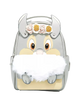 A light gray faux-leather backpack designed like a cartoon animal face with large eyes, a beige snout, gray horns, a white faux-fur beard, and three fabric flowers on the forehead, shown on a light gray background.