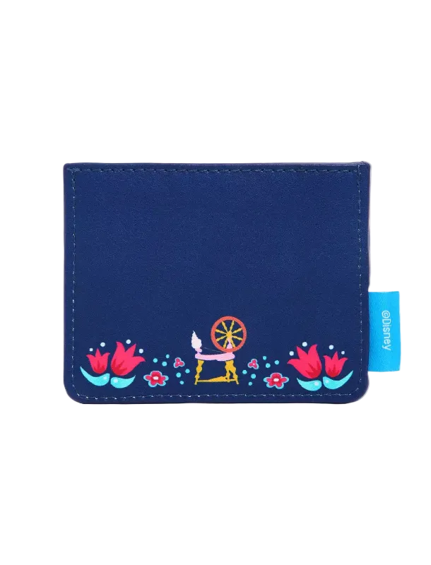 A navy blue wallet with a colorful embroidered design of a spinning wheel, flowers, and dots along the bottom, featuring a light blue 'glittery' brand tag on the right side.
