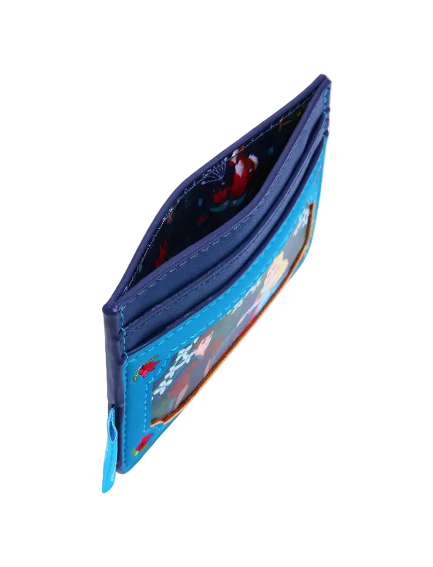A slim blue cardholder wallet with a colorful cartoon character print on the front and a dark patterned interior, shown open on a light gray background.