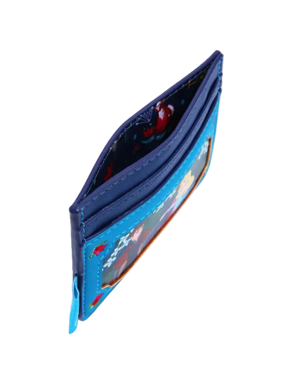 A slim blue cardholder wallet with a colorful cartoon character print on the front and a dark patterned interior, shown open on a light gray background.
