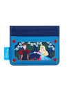 A Disney card holder wallet featuring a blue faux leather design with a central character illustration of Snow White and Princess Aurora under a floral arch, with a blue Disney tag on the left side.
