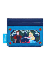 A Disney card holder wallet featuring a blue faux leather design with a central character illustration of Snow White and Princess Aurora under a floral arch, with a blue Disney tag on the left side.