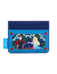 A Disney card holder wallet featuring a blue faux leather design with a central character illustration of Snow White and Princess Aurora under a floral arch, with a blue Disney tag on the left side.