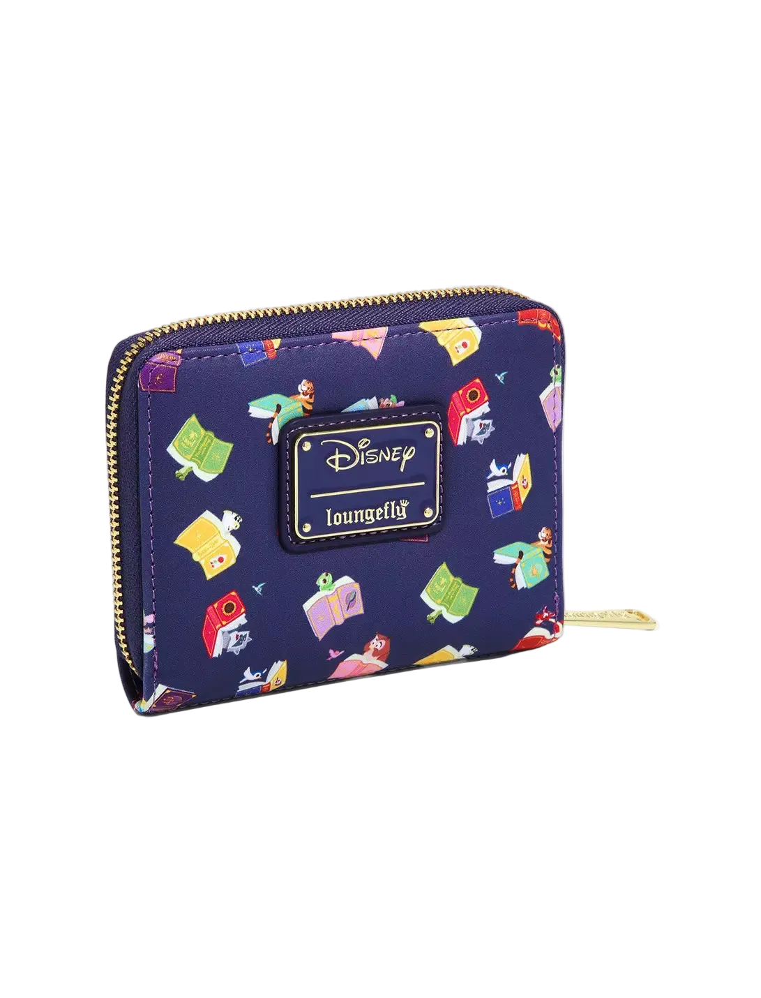 A Disney Loungefly zip-around wallet in navy blue with a colorful cartoon character print, featuring a black leather patch with the Disney and Loungefly logos.