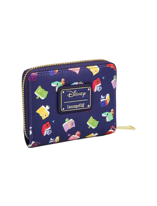 A Disney Loungefly zip-around wallet in navy blue with a colorful cartoon character print, featuring a black leather patch with the Disney and Loungefly logos.