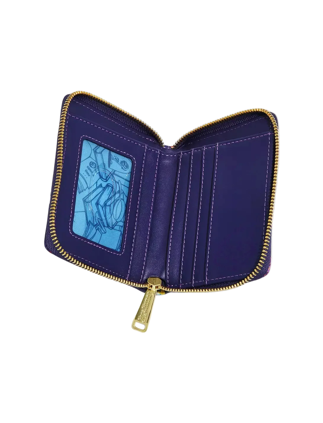 A purple zippered wallet shown open, featuring gold-tone zippers, card slots, and a blue patterned ID window on a light gray background.