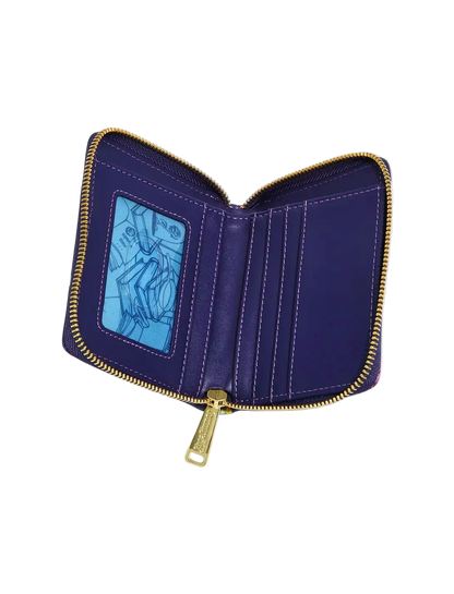 A purple zippered wallet shown open, featuring gold-tone zippers, card slots, and a blue patterned ID window on a light gray background.