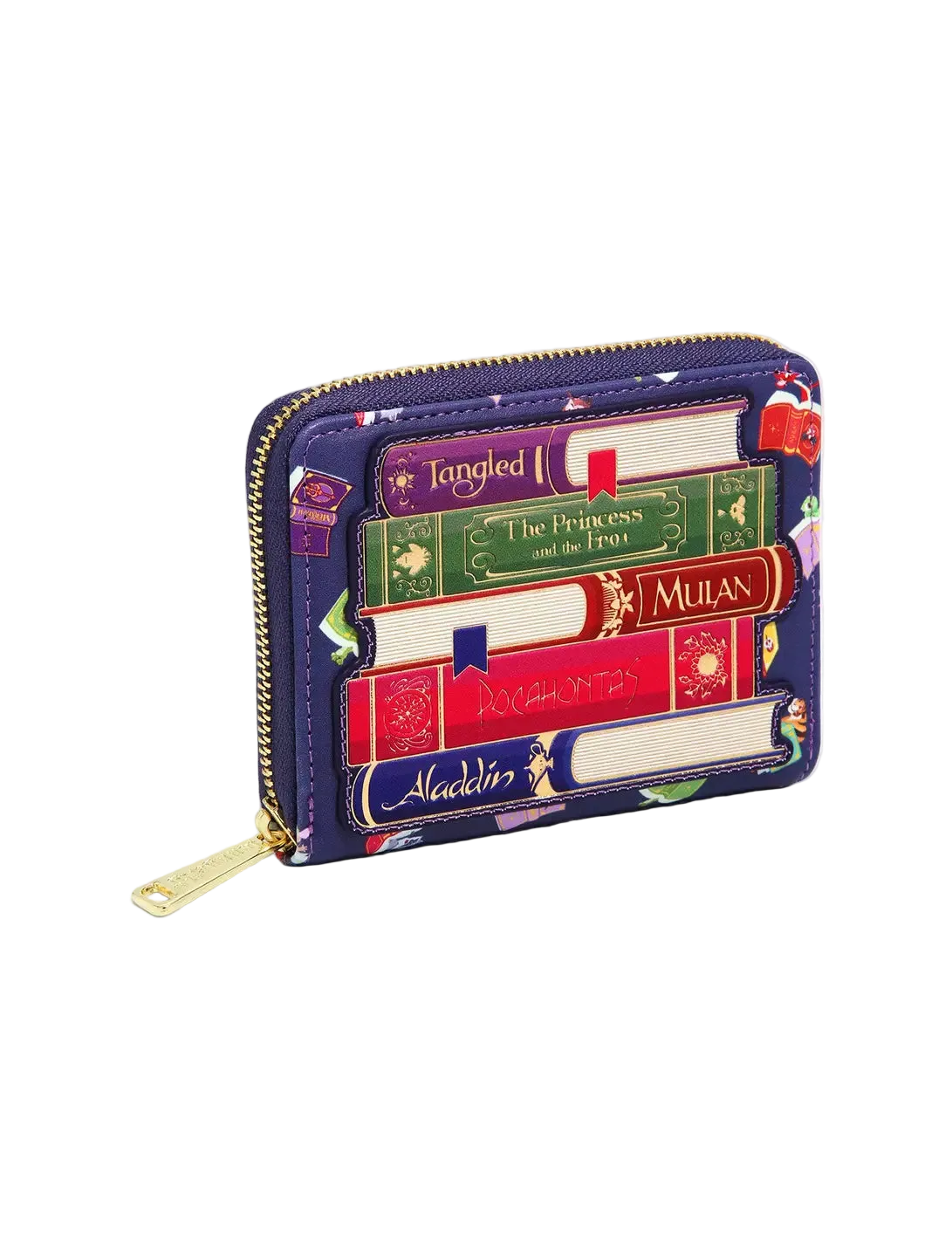 A zip-around wallet featuring a colorful book spine pattern with visible titles including 'The Princess and the Frog', 'Mulan', and 'Aladdin'. The wallet has a dark purple base with gold-tone zipper and pull hardware, photographed on a clean white background.