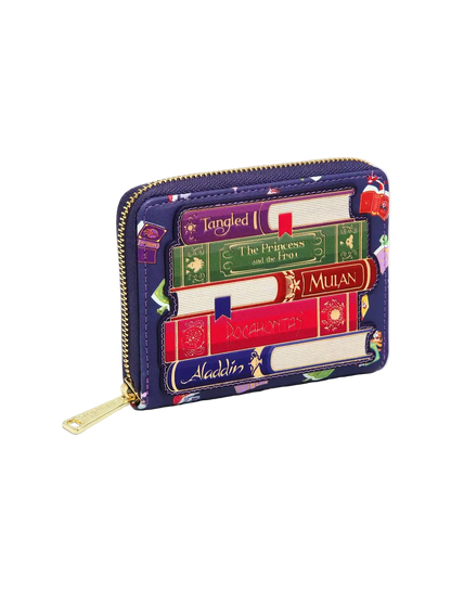 A zip-around wallet featuring a colorful book spine pattern with visible titles including 'The Princess and the Frog', 'Mulan', and 'Aladdin'. The wallet has a dark purple base with gold-tone zipper and pull hardware, photographed on a clean white background.